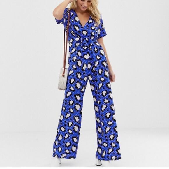 ASOS Electric Blue Pink Polka Dot Wide Leg Leopard Jumpsuit - Picture 1 of 12